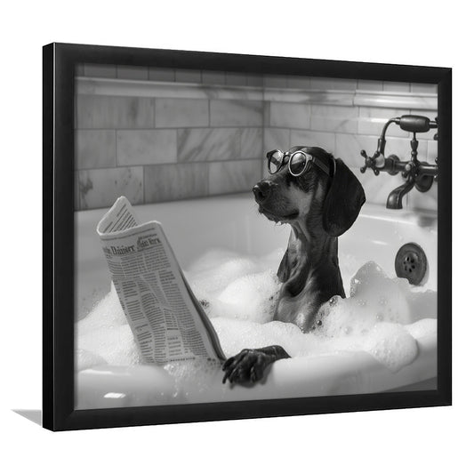 Dachshund in Bathtub Framed Art Print Wall Decor, Dog Reading Newspaper in Bubble Bath Black and White, Funny Wall Art
