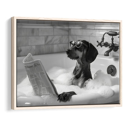 Dachshund in Bathtub Framed Canvas Print Wall Art, Dog Reading Newspaper in Bubble Bath Black and White, Funny Wall Art