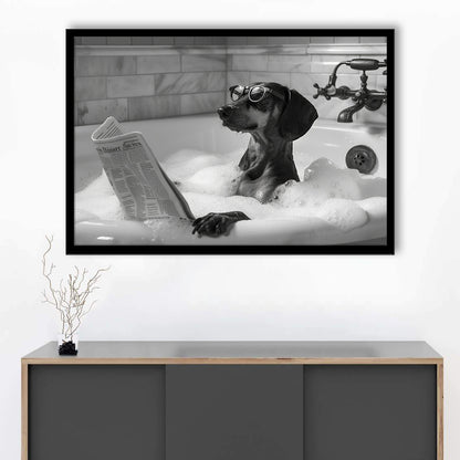 Dachshund in Bathtub Framed Art Print Wall Decor, Dog Reading Newspaper in Bubble Bath Black and White, Funny Wall Art