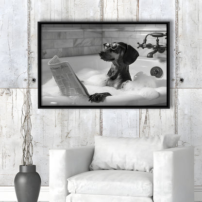 Dachshund in Bathtub Framed Canvas Print Wall Art, Dog Reading Newspaper in Bubble Bath Black and White, Funny Wall Art
