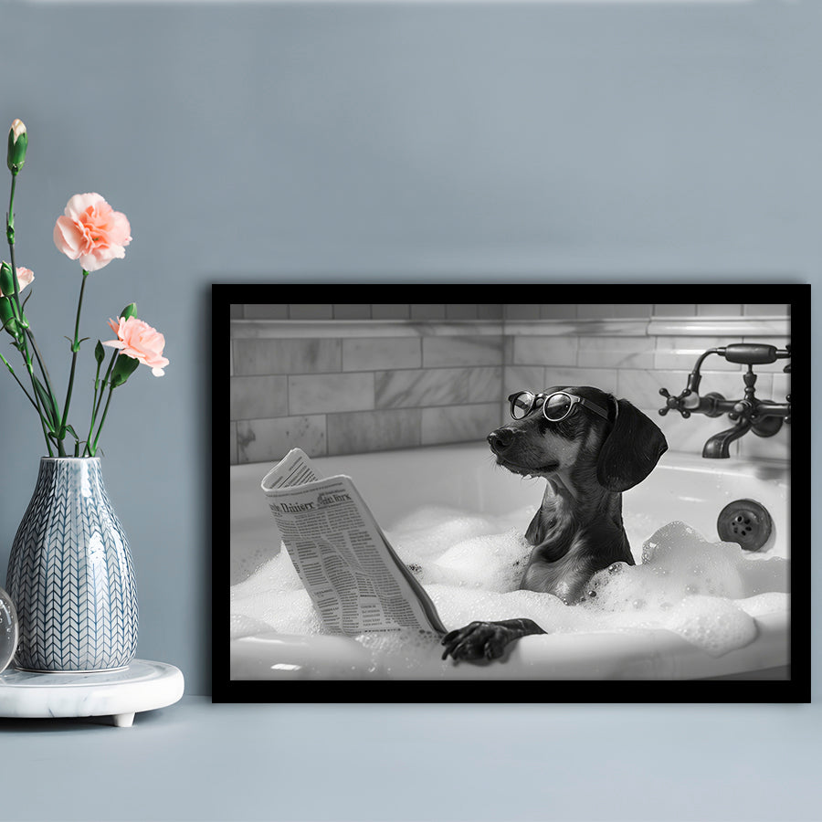 Dachshund in Bathtub Framed Art Print Wall Decor, Dog Reading Newspaper in Bubble Bath Black and White, Funny Wall Art