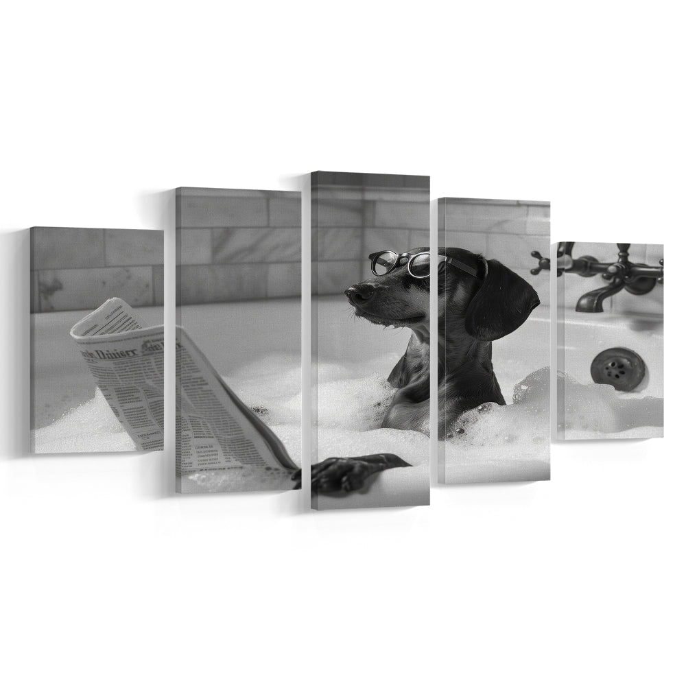 Dachshund in Bathtub Mixed Canvas Print Wall Art, Dog Reading Newspaper in Bubble Bath Black and White, Funny Wall Art