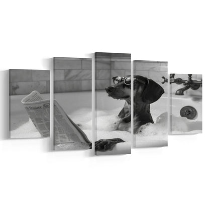 Dachshund in Bathtub Mixed Canvas Print Wall Art, Dog Reading Newspaper in Bubble Bath Black and White, Funny Wall Art