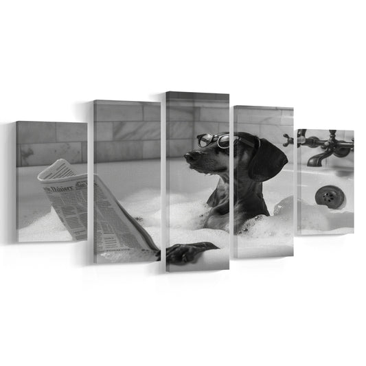 Dachshund in Bathtub Mixed Canvas Print Wall Art, Dog Reading Newspaper in Bubble Bath Black and White, Funny Wall Art