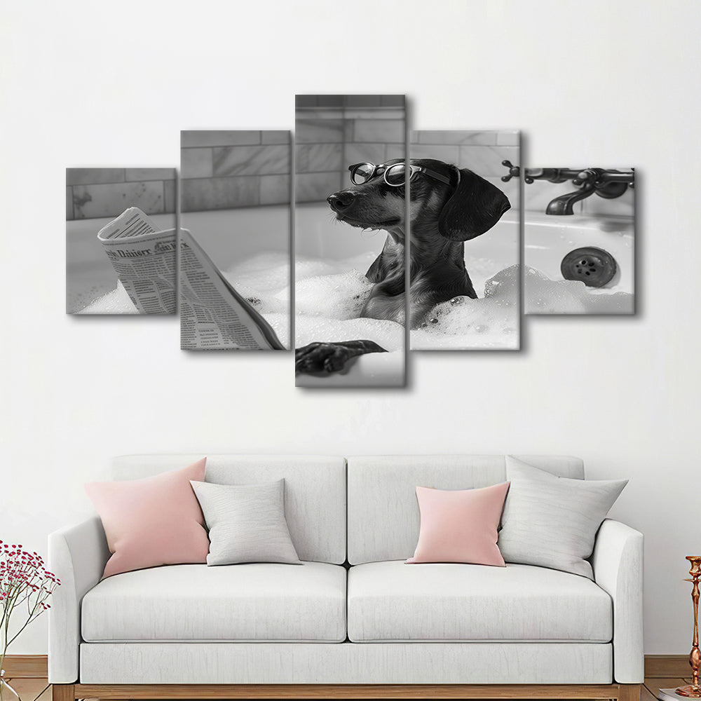 Dachshund in Bathtub Mixed Canvas Print Wall Art, Dog Reading Newspaper in Bubble Bath Black and White, Funny Wall Art