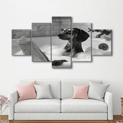 Dachshund in Bathtub Mixed Canvas Print Wall Art, Dog Reading Newspaper in Bubble Bath Black and White, Funny Wall Art