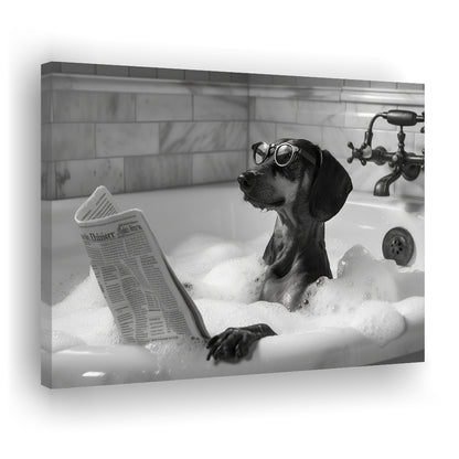 Dachshund in Bathtub Canvas Print Wall Art, Dog Reading Newspaper in Bubble Bath Black and White, Bathroom Wall Decor
