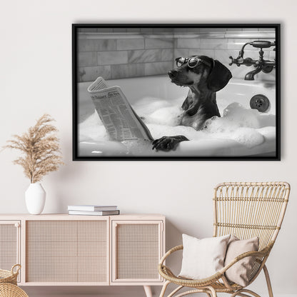 Dachshund in Bathtub Framed Canvas Print Wall Art, Dog Reading Newspaper in Bubble Bath Black and White, Bathroom Decor