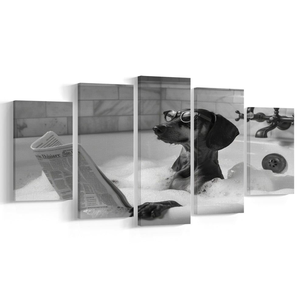 Dachshund in Bathtub Mixed Canvas Print Wall Art, Dog Reading Newspaper in Bubble Bath Black and White, Bathroom Decor