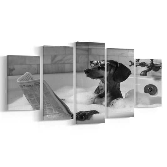 Dachshund in Bathtub Mixed Canvas Print Wall Art, Dog Reading Newspaper in Bubble Bath Black and White, Bathroom Decor