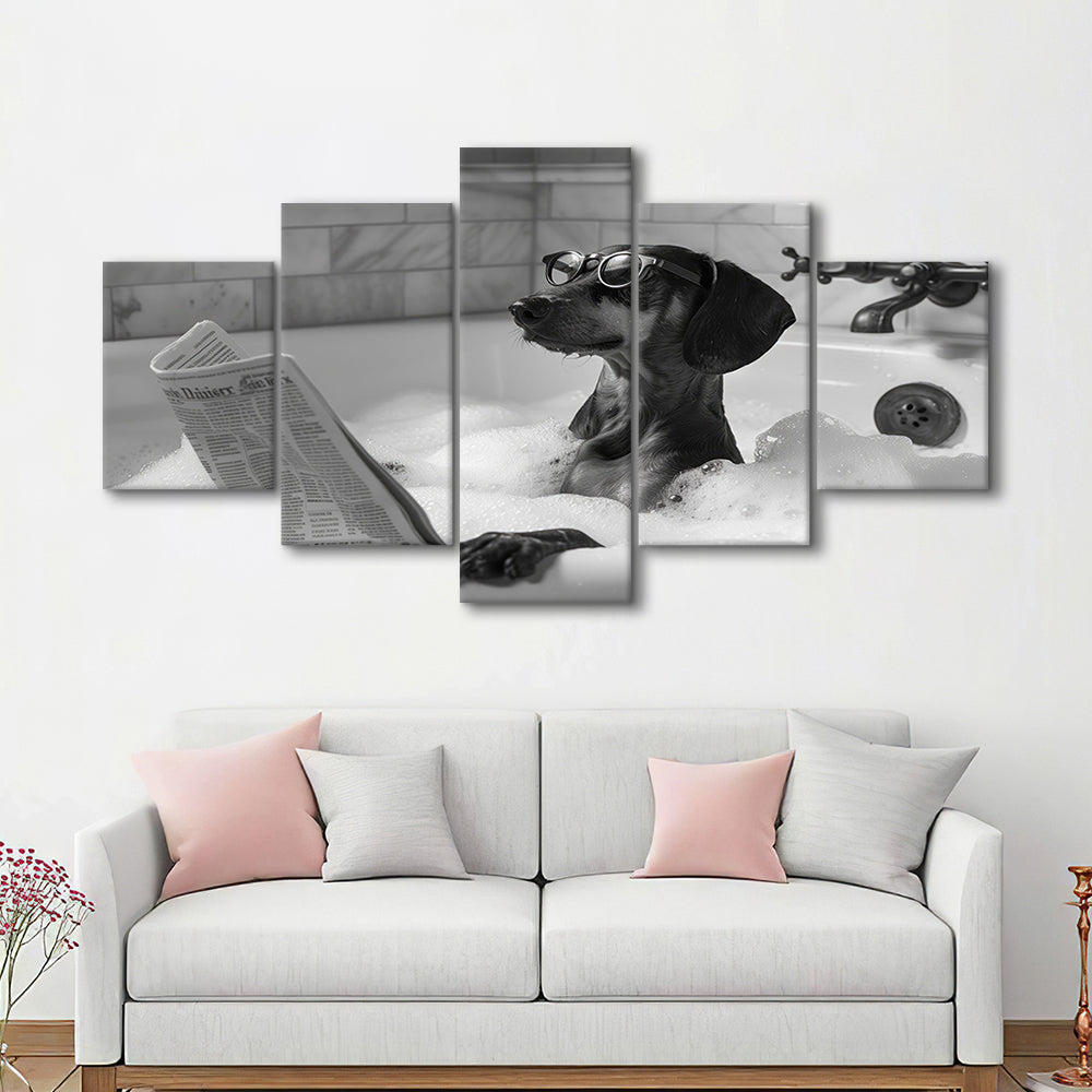 Dachshund in Bathtub Mixed Canvas Print Wall Art, Dog Reading Newspaper in Bubble Bath Black and White, Bathroom Decor
