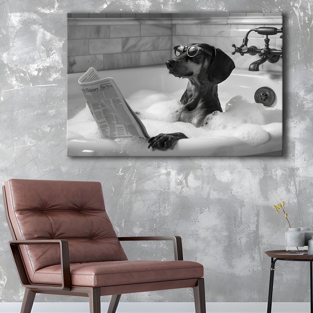 Dachshund in Bathtub Canvas Print Wall Art, Dog Reading Newspaper in Bubble Bath Black and White, Bathroom Wall Decor