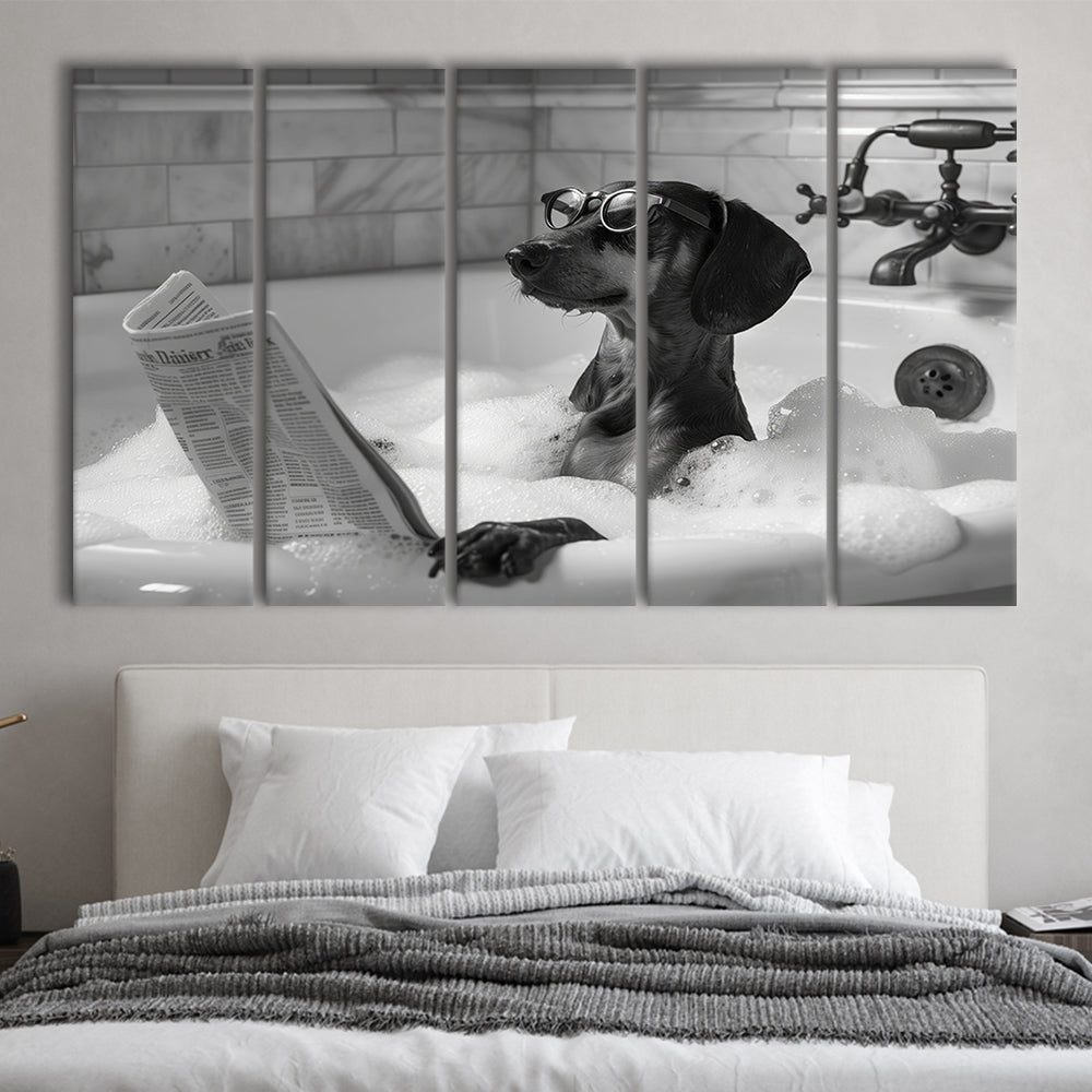 Dachshund in Bathtub 5 Panels Canvas Print Wall Art, Dog Reading Newspaper, Black and White, Bathroom Decor