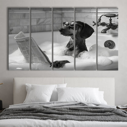 Dachshund in Bathtub 5 Panels Canvas Print Wall Art, Dog Reading Newspaper, Black and White, Bathroom Decor