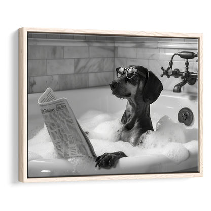 Dachshund in Bathtub Framed Canvas Print Wall Art, Dog Reading Newspaper in Bubble Bath Black and White, Bathroom Decor