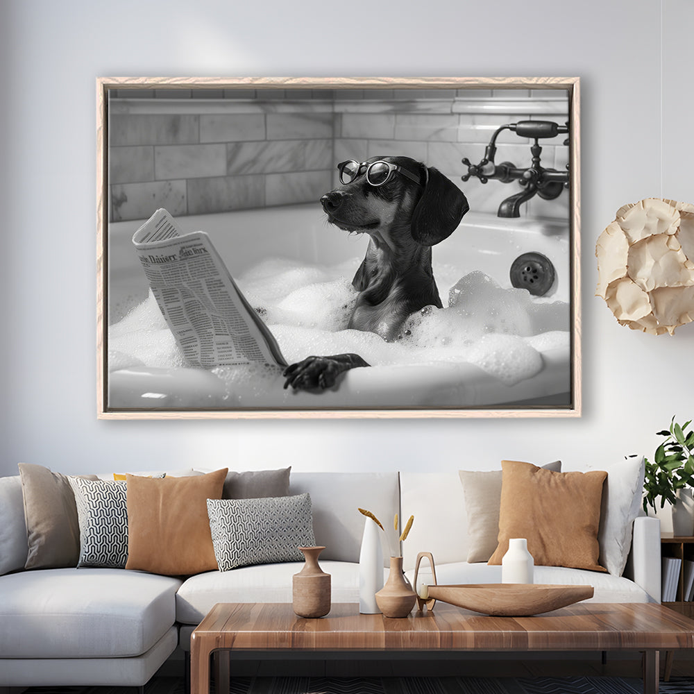 Dachshund in Bathtub Framed Canvas Print Wall Art, Dog Reading Newspaper in Bubble Bath Black and White, Bathroom Decor