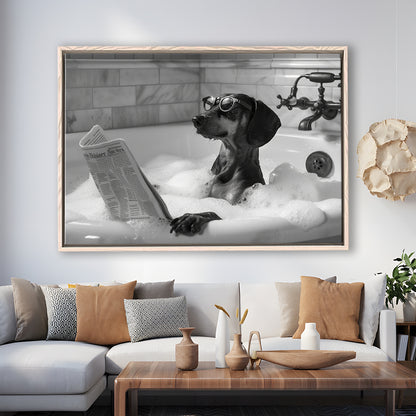 Dachshund in Bathtub Framed Canvas Print Wall Art, Dog Reading Newspaper in Bubble Bath Black and White, Bathroom Decor