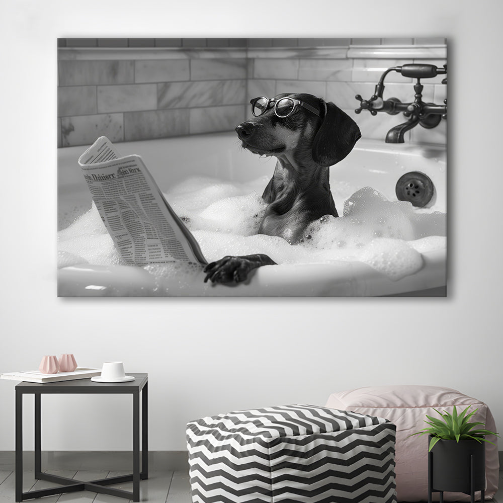 Dachshund in Bathtub Canvas Print Wall Art, Dog Reading Newspaper in Bubble Bath Black and White, Bathroom Wall Decor