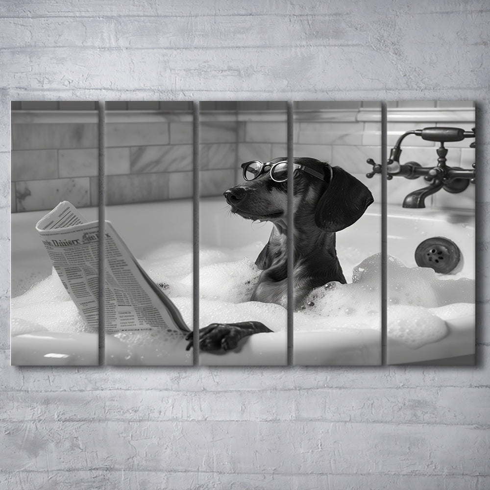 Dachshund in Bathtub 5 Panels Canvas Print Wall Art, Dog Reading Newspaper, Black and White, Bathroom Decor