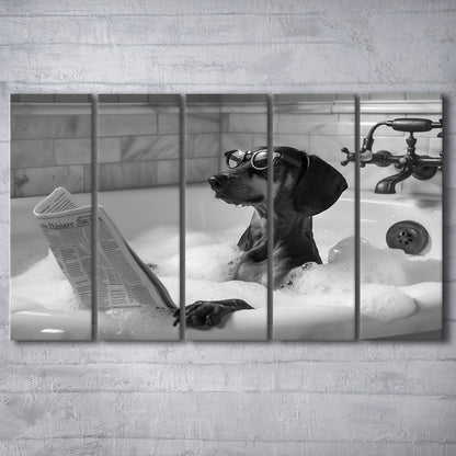 Dachshund in Bathtub 5 Panels Canvas Print Wall Art, Dog Reading Newspaper, Black and White, Bathroom Decor
