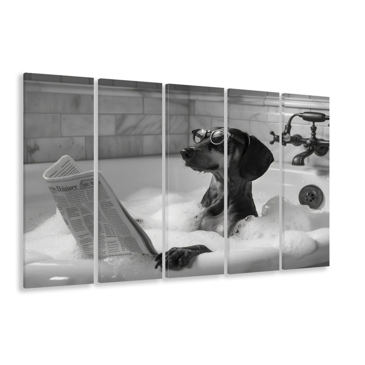 Dachshund in Bathtub 5 Panels Canvas Print Wall Art, Dog Reading Newspaper, Black and White, Bathroom Decor