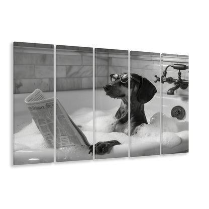 Dachshund in Bathtub 5 Panels Canvas Print Wall Art, Dog Reading Newspaper, Black and White, Bathroom Decor