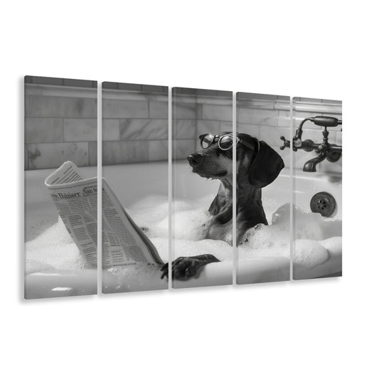 Dachshund in Bathtub 5 Panels Canvas Print Wall Art, Dog Reading Newspaper, Black and White, Bathroom Decor
