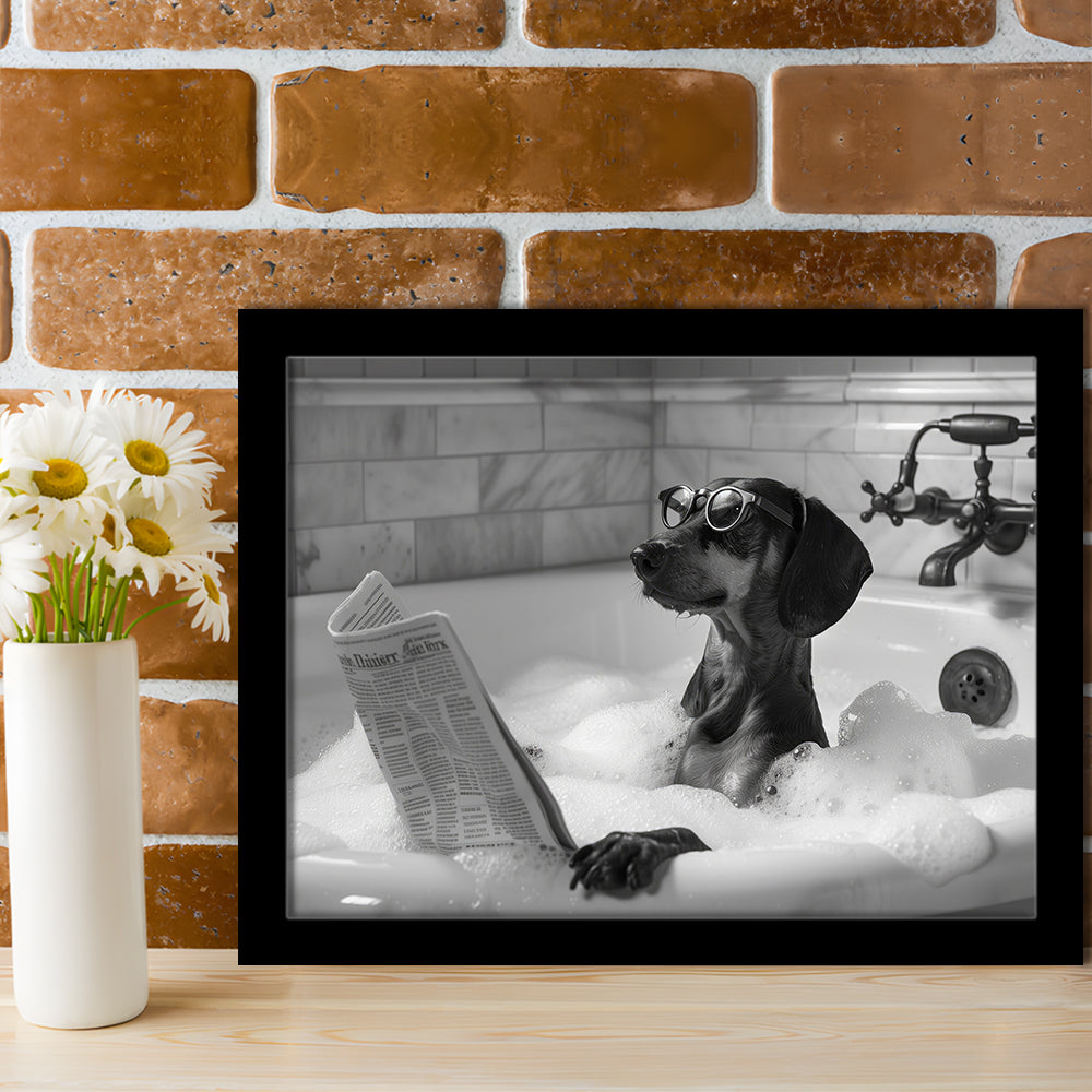 Dachshund in Bathtub Framed Art Print Wall Decor, Dog Reading Newspaper in Bubble Bath Black and White, Bathroom Decor