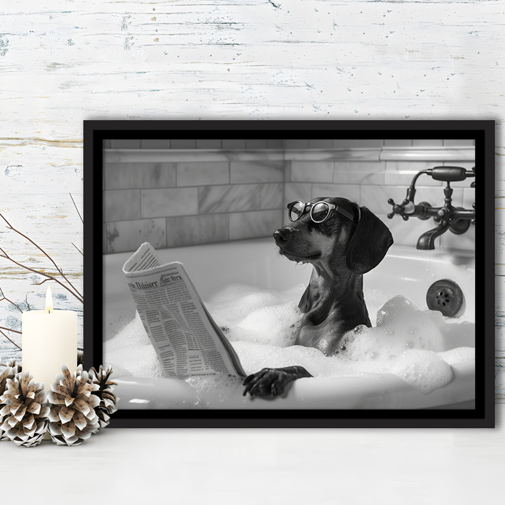 Dachshund in Bathtub Framed Canvas Print Wall Art, Dog Reading Newspaper in Bubble Bath Black and White, Bathroom Decor