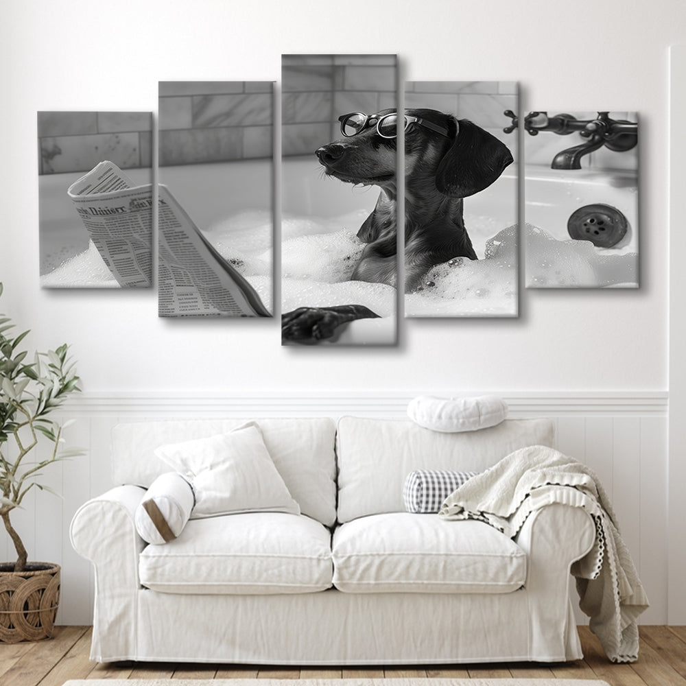 Dachshund in Bathtub Mixed Canvas Print Wall Art, Dog Reading Newspaper in Bubble Bath Black and White, Bathroom Decor