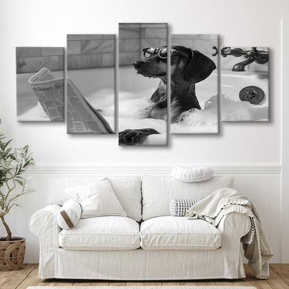 Dachshund in Bathtub Mixed Canvas Print Wall Art, Dog Reading Newspaper in Bubble Bath Black and White, Bathroom Decor