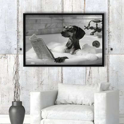 Dachshund in Bathtub Framed Canvas Print Wall Art, Dog Reading Newspaper in Bubble Bath Black and White, Bathroom Decor