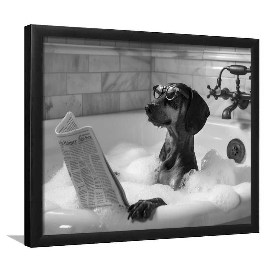 Dachshund in Bathtub Framed Art Print Wall Decor, Dog Reading Newspaper in Bubble Bath Black and White, Bathroom Decor