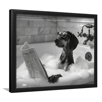 Dachshund in Bathtub Framed Art Print Wall Decor, Dog Reading Newspaper in Bubble Bath Black and White, Bathroom Decor