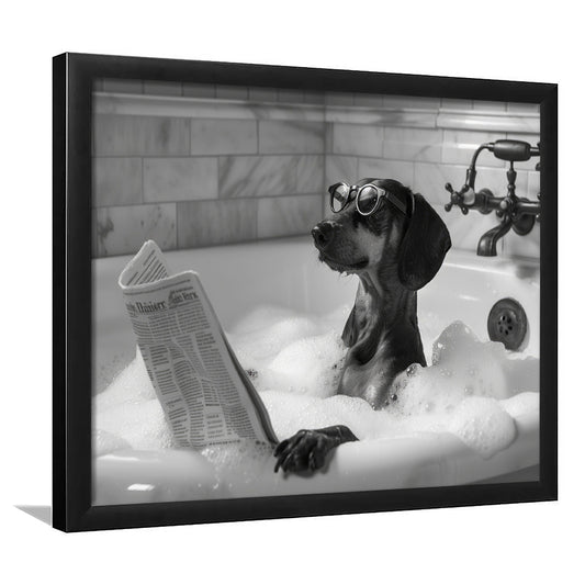 Dachshund in Bathtub Framed Art Print Wall Decor, Dog Reading Newspaper in Bubble Bath Black and White, Bathroom Decor