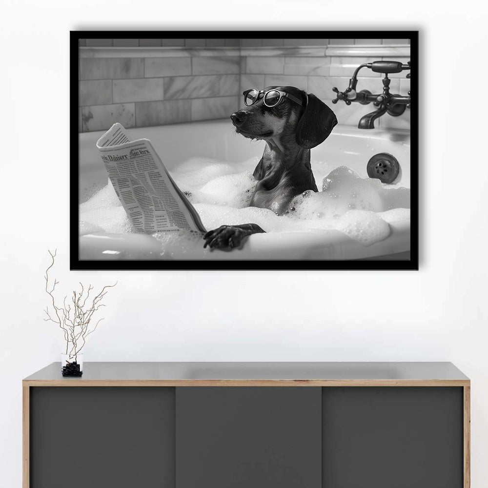 Dachshund in Bathtub Framed Art Print Wall Decor, Dog Reading Newspaper in Bubble Bath Black and White, Bathroom Decor