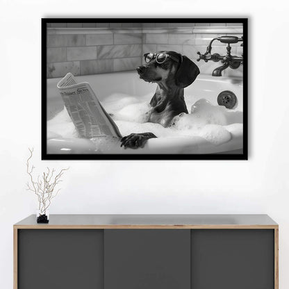 Dachshund in Bathtub Framed Art Print Wall Decor, Dog Reading Newspaper in Bubble Bath Black and White, Bathroom Decor