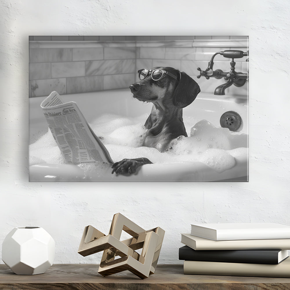 Dachshund in Bathtub Canvas Print Wall Art, Dog Reading Newspaper in Bubble Bath Black and White, Bathroom Wall Decor