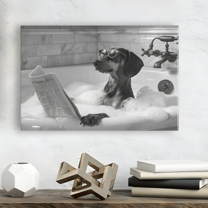 Dachshund in Bathtub Canvas Print Wall Art, Dog Reading Newspaper in Bubble Bath Black and White, Bathroom Wall Decor