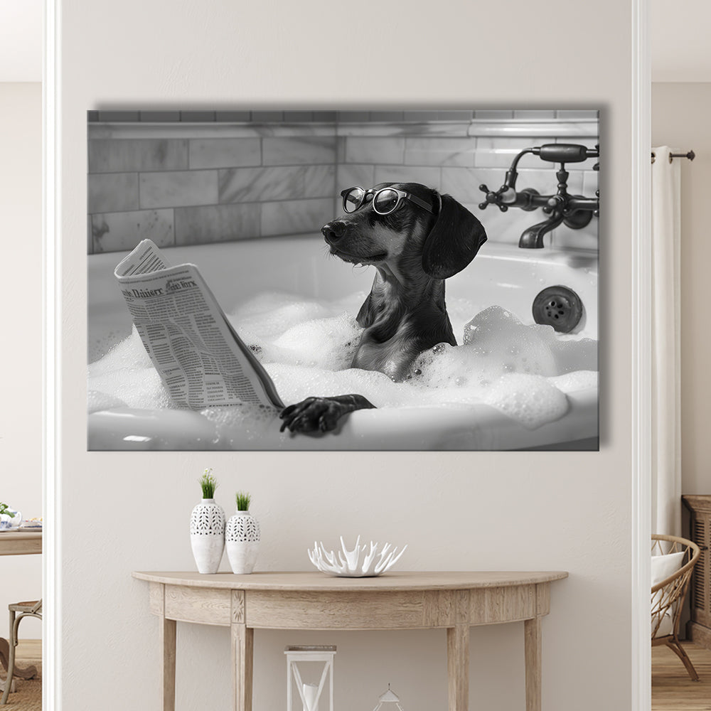 Dachshund in Bathtub Canvas Print Wall Art, Dog Reading Newspaper in Bubble Bath Black and White, Bathroom Wall Decor