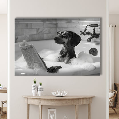 Dachshund in Bathtub Canvas Print Wall Art, Dog Reading Newspaper in Bubble Bath Black and White, Bathroom Wall Decor