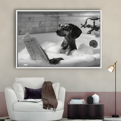 Dachshund in Bathtub Framed Canvas Print Wall Art, Dog Reading Newspaper in Bubble Bath Black and White, Bathroom Decor