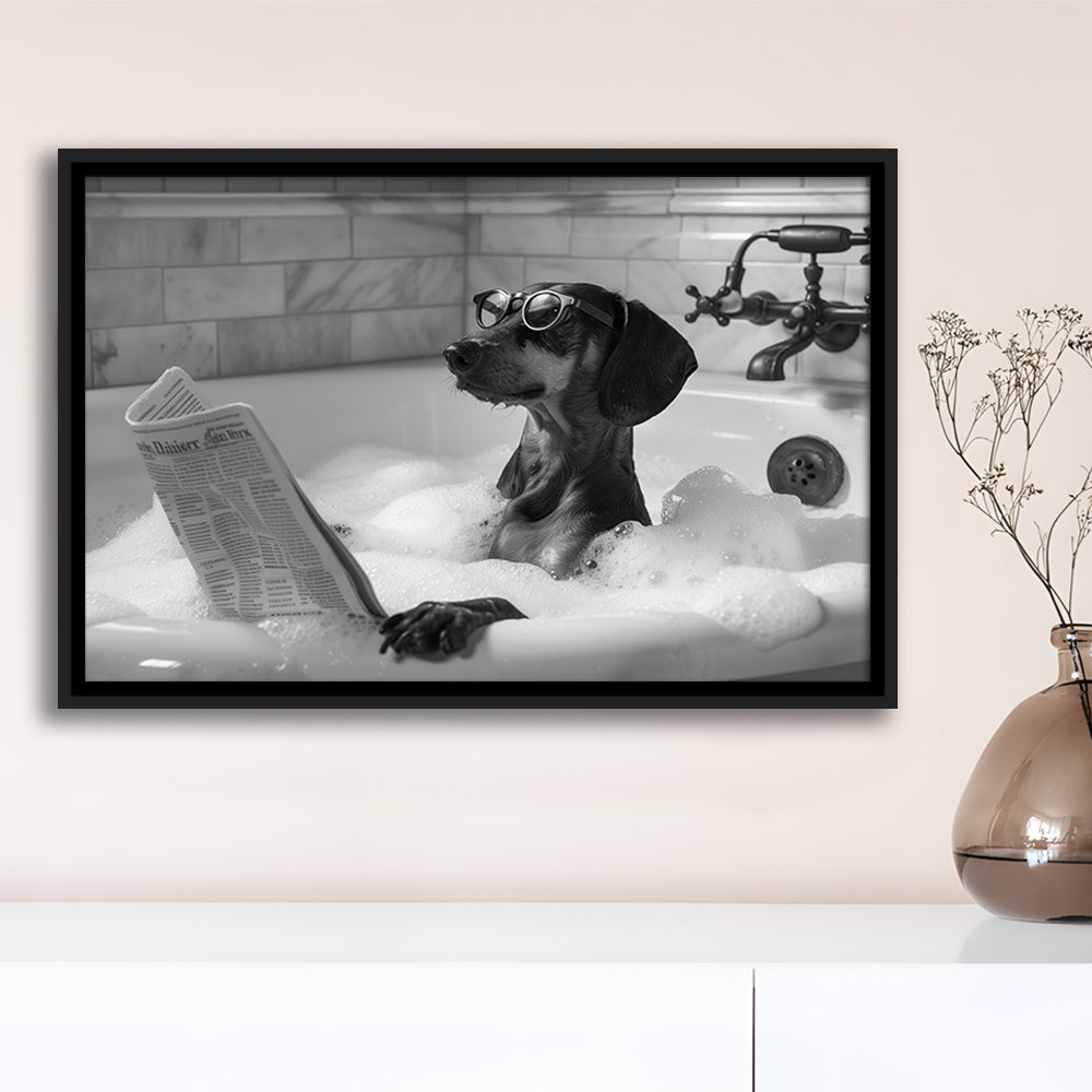 Dachshund in Bathtub Framed Canvas Print Wall Art, Dog Reading Newspaper in Bubble Bath Black and White, Bathroom Decor