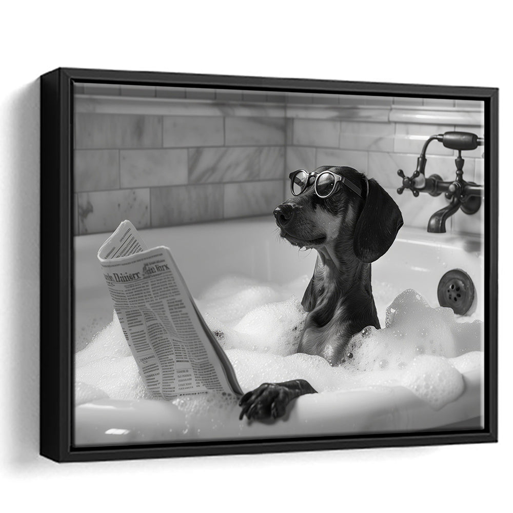 Dachshund in Bathtub Framed Canvas Print Wall Art, Dog Reading Newspaper in Bubble Bath Black and White, Bathroom Decor