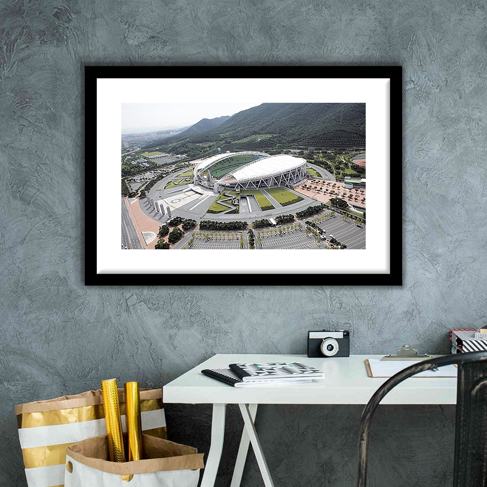 Daegu Stadium Aerial View, Stadium Canvas, Sport Art, Gift for him, White Border Framed Art Print Wall Decor