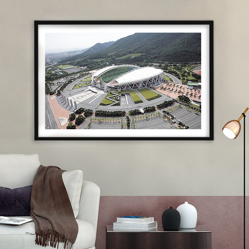 Daegu Stadium Aerial View, Stadium Canvas, Sport Art, Gift for him, White Border Framed Art Print Wall Decor