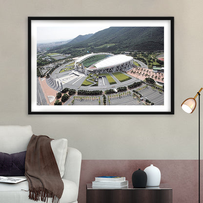 Daegu Stadium Aerial View, Stadium Canvas, Sport Art, Gift for him, White Border Framed Art Print Wall Decor