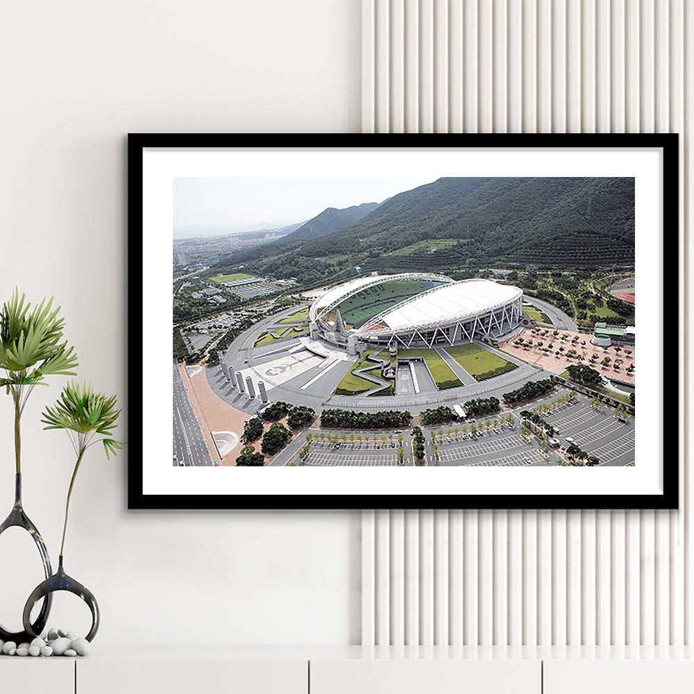 Daegu Stadium Aerial View, Stadium Canvas, Sport Art, Gift for him, White Border Framed Art Print Wall Decor