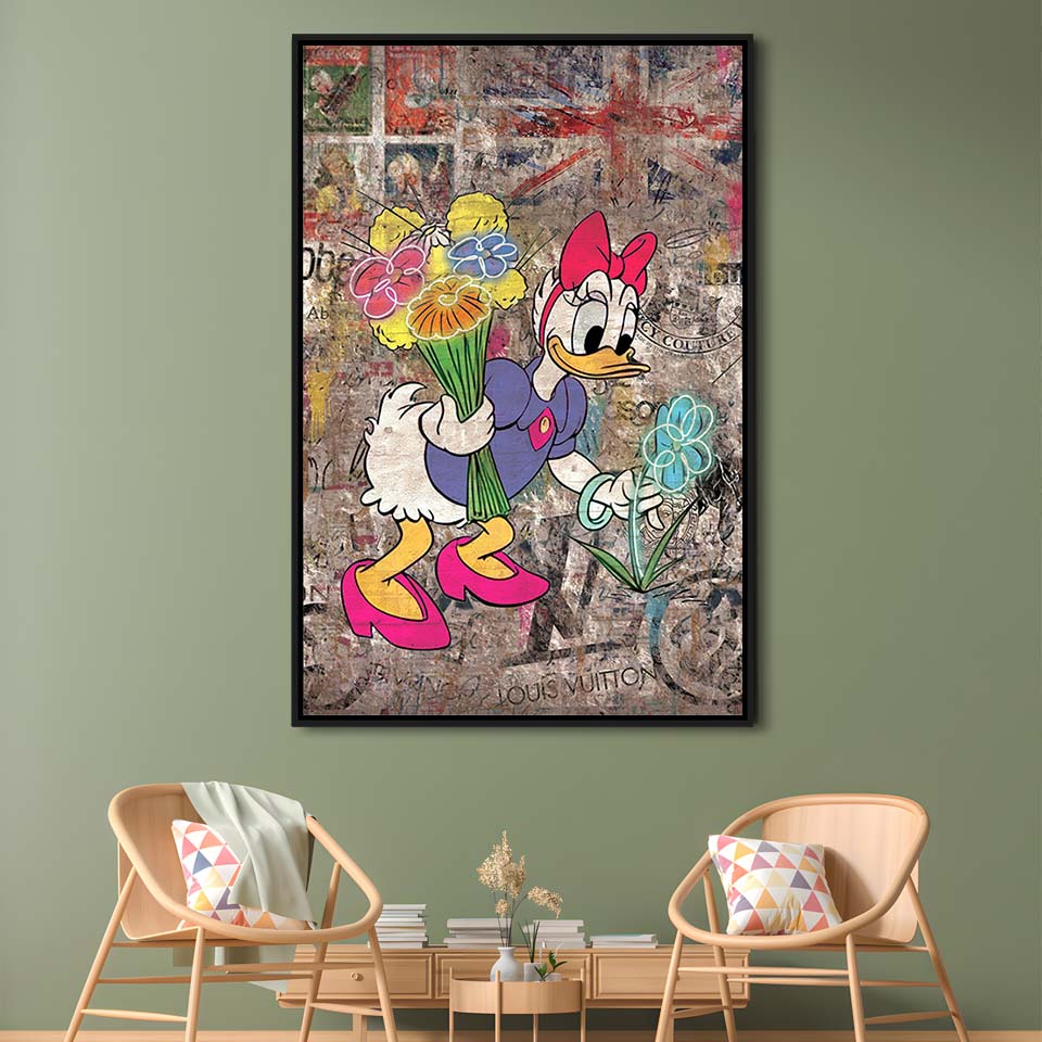 Daisy & Wildflowers, Colorful Graffiti Painting Art, Framed Canvas Print, Floating Frame, Luxury Wall Art Decor