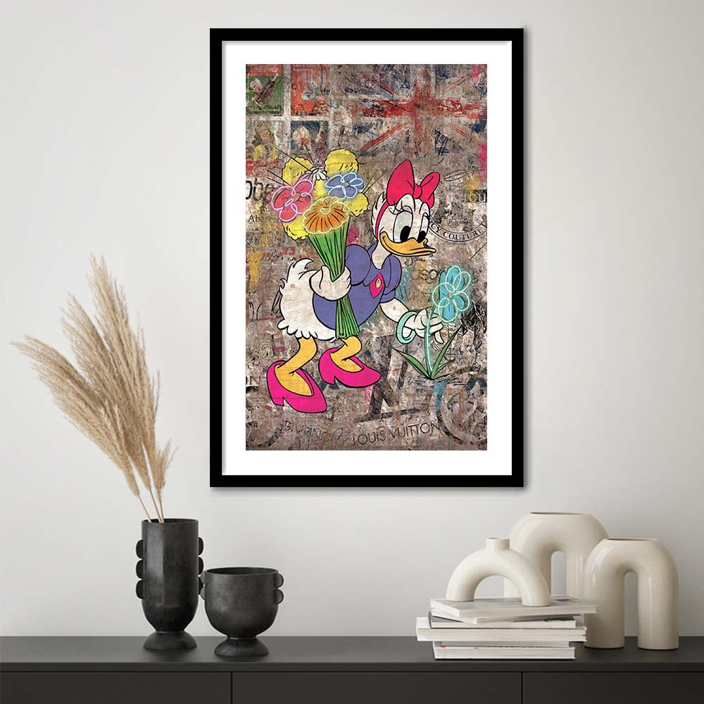 Daisy & Wildflowers, Colorful Graffiti Painting Art, Framed Art Print, Luxury Pictures Framed, White Border